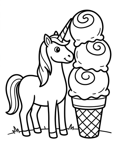 Unicorn ice cream coloring page with unicorn facing a giant three-scoop waffle cone with swirled tops PDF preview