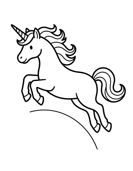 Jumping unicorn coloring page with unicorn leaping mid-air facing left, four hooves off the ground, mane flowing PDF preview