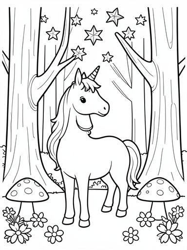 Unicorn in enchanted forest with tall trees, stars, mushrooms, and flowers coloring page