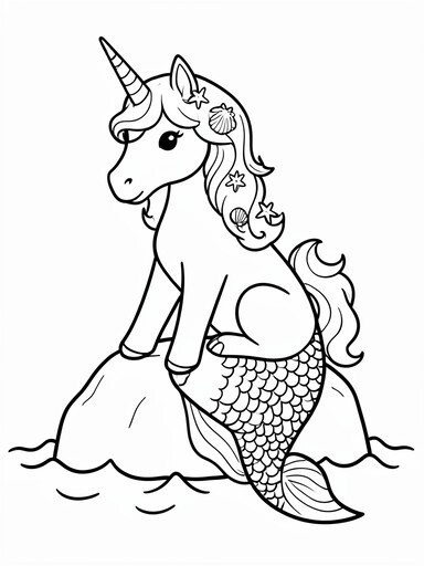 Unicorn mermaid with fish tail, seashell-decorated mane, and spiral horn sitting on a rock coloring page