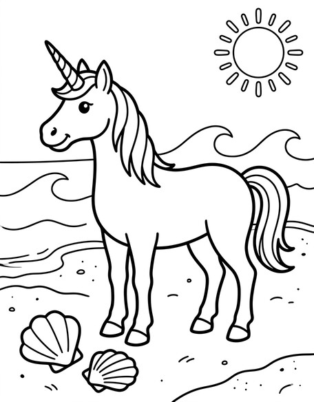 Unicorn at the ocean coloring page