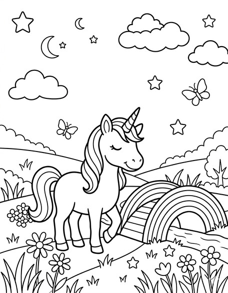 Unicorn standing on a rainbow bridge surrounded by flowers PDF preview