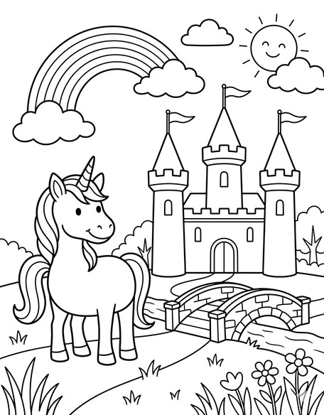 Unicorn rainbow castle coloring page with towers, clouds, and bridge for kids