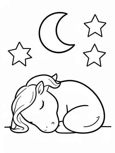 Unicorn sleeping coloring page with curled unicorn and crescent moon