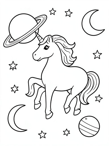 Unicorn space coloring page with unicorn floating among stars and crescent moons