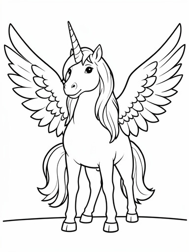 Winged unicorn with spread feathered wings, spiral horn, and flowing mane coloring page