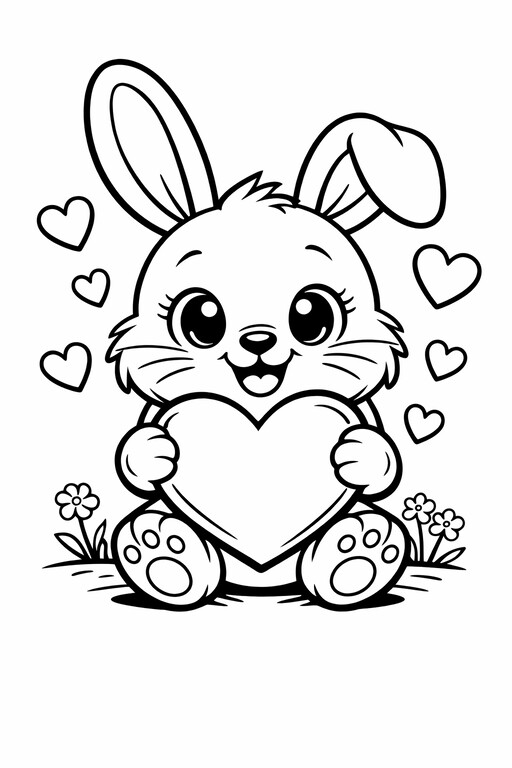 Valentine's Day bunny holding a large heart with flowers coloring page