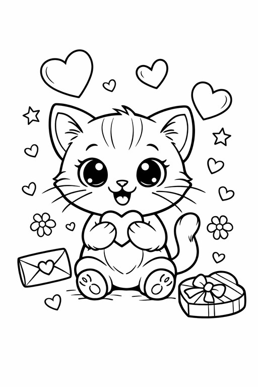 Valentine's Day kitten surrounded by heart shapes coloring page