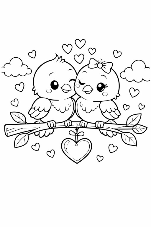 Valentine's Day love birds together in a heart-themed scene coloring page