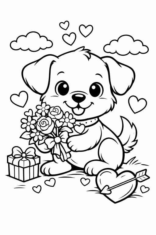 Valentine's Day puppy with flowers in a sweet Valentine scene coloring page