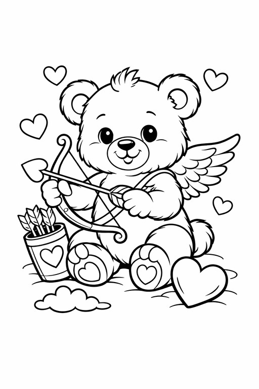 Valentine's Day teddy bear dressed as Cupid with Valentine details coloring page
