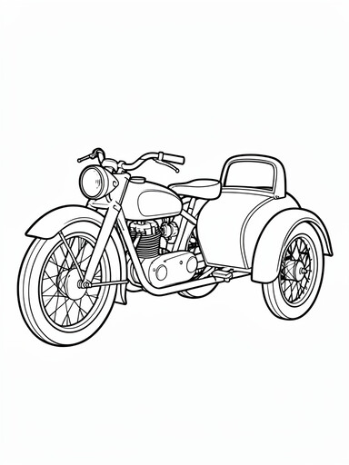 Vintage motorcycle coloring page showing a retro bike with a round headlight and an attached sidecar