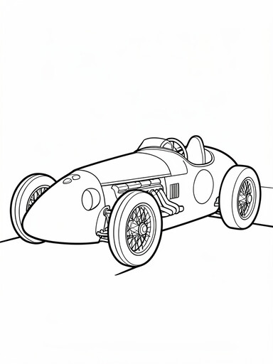 Vintage race car coloring page showing a 1950s open-wheel roadster with wire-spoke wheels
