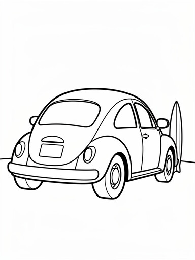 Classic Volkswagen Beetle coloring page showing a rounded car with a surfboard leaning on the fender
