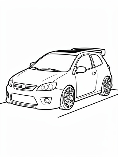 VW Golf GTI coloring page showing a compact hot hatchback with a rear roof spoiler and sporty wheels