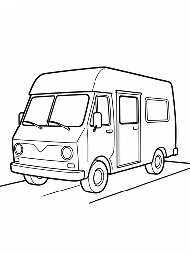VW Microbus coloring page showing a boxy van with a split windshield and round headlights