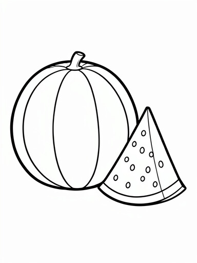 Watermelon coloring page showing a whole watermelon and a seeded wedge slice PDF preview