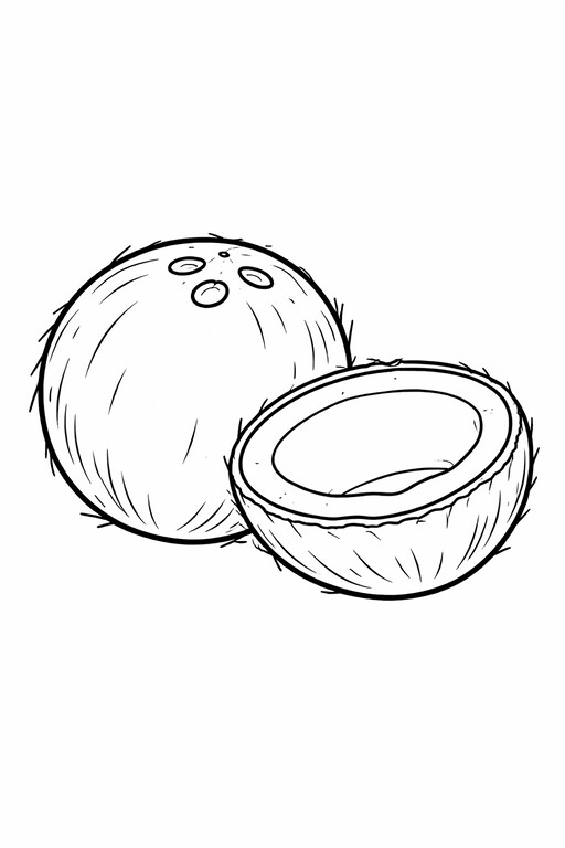 Coconut coloring page showing one whole coconut and one cracked coconut half PDF preview