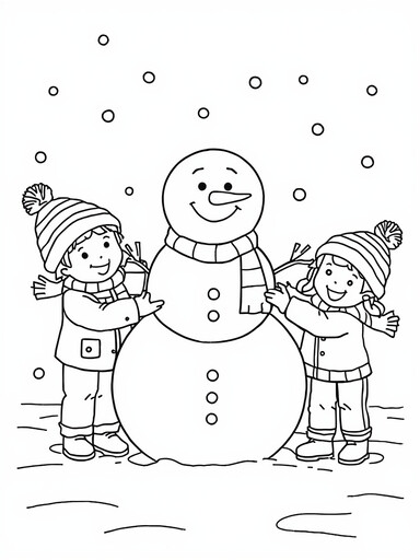Kids Building a Snowman coloring page