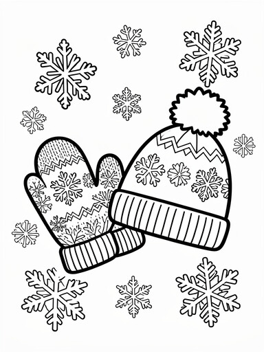Mittens and Hat with Snowflakes coloring page
