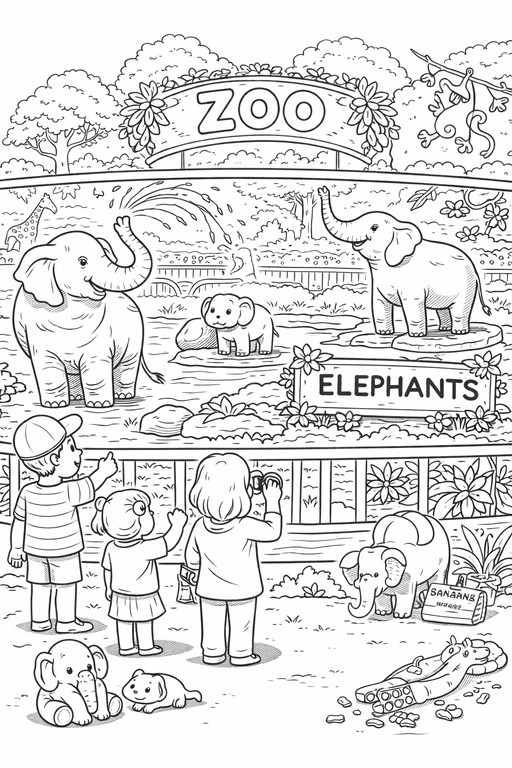 Elephant coloring page showing zoo elephants inside a large enclosure with visitors, signs, and layered habitat PDF preview