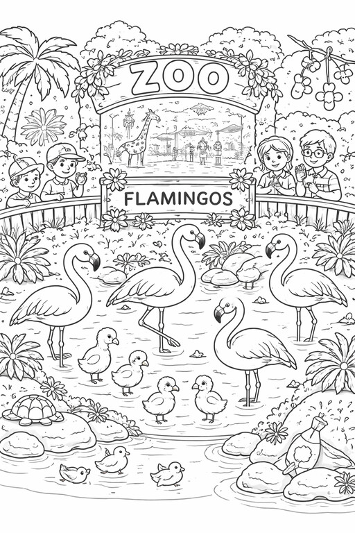Flamingos standing in a zoo pond coloring page