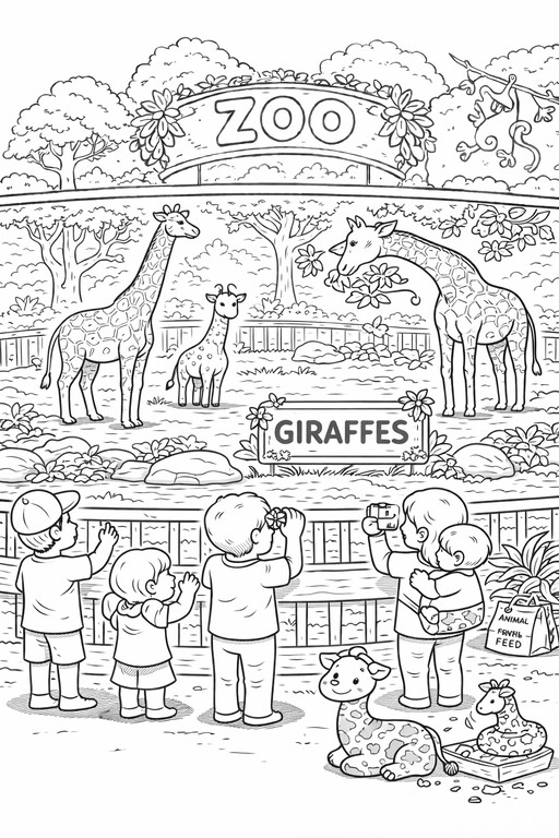 Giraffe coloring page showing giraffes inside a zoo enclosure with visitors standing below the fence and habitat PDF preview