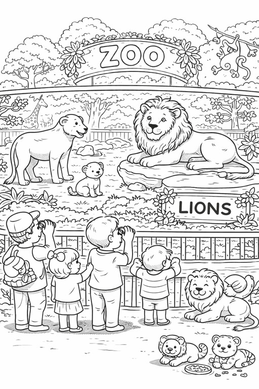 Two lions resting in a zoo enclosure coloring page