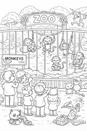 Monkeys in the zoo coloring page