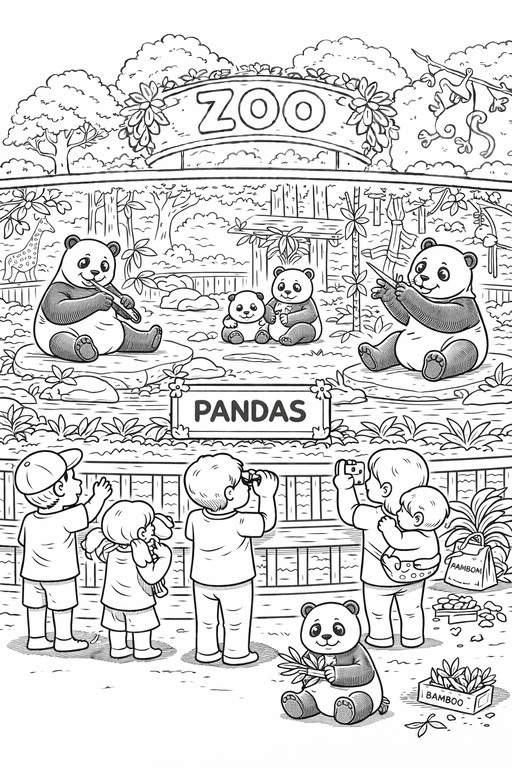 Giant panda sitting and eating bamboo at the zoo coloring page