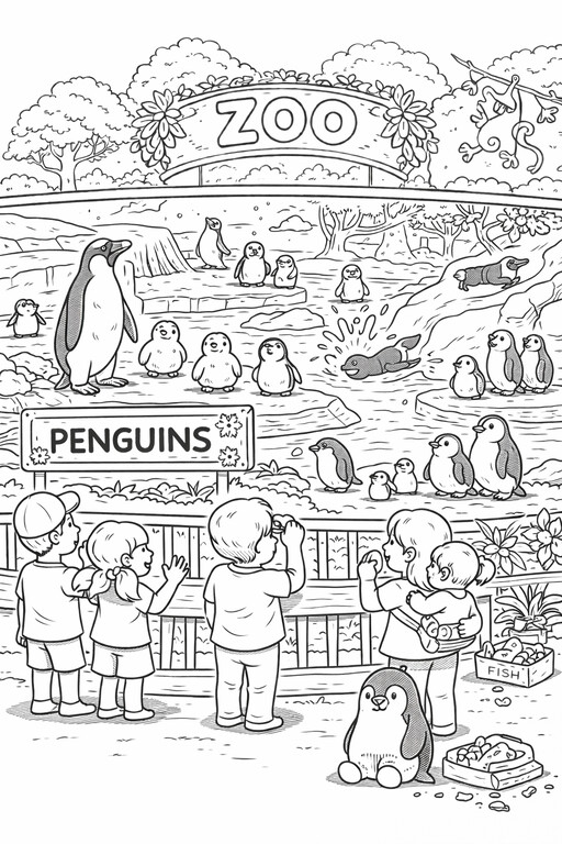 Group of penguins on ice rocks at the zoo coloring page