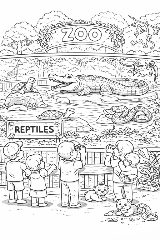 Reptile Zoo coloring page showing a reptile enclosure with turtles, snakes, crocodiles, rocks, and zoo visitors PDF preview