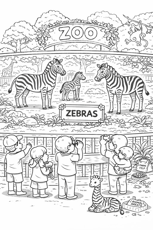 Zebra coloring page showing zebras inside a zoo enclosure with visitors standing below the fence and habitat PDF preview