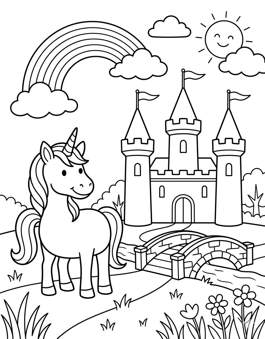 Unicorn & Rainbow Castle coloring page
